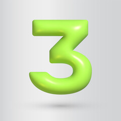 3d style number 3. Three icon. Realistic green color render