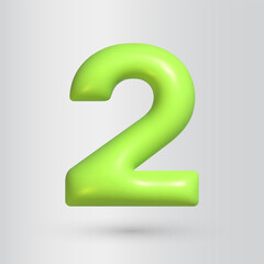 3d style number 2. Two icon. Realistic green color render