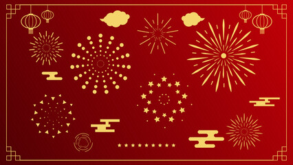Chinese New Year symbol with various types of fireworks, lanterns, clouds, cloud background pattern which perfectly conveys the meaning of Chinese New Year