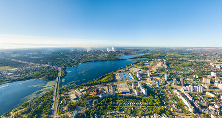 Lipetsk, Russia. City view in summer. Smoke from a metallurgical plant. Sunny day. Aerial view