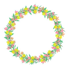 Vector hand drawn floral wreath frame on white background