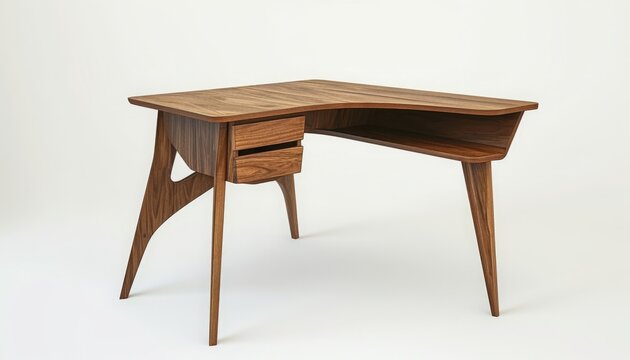 Corner desk, walnut, triangular, 3d, isolated white background, clean simple,