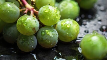 Overhead Shot of green Grapes with visible Water Drops. Close up.