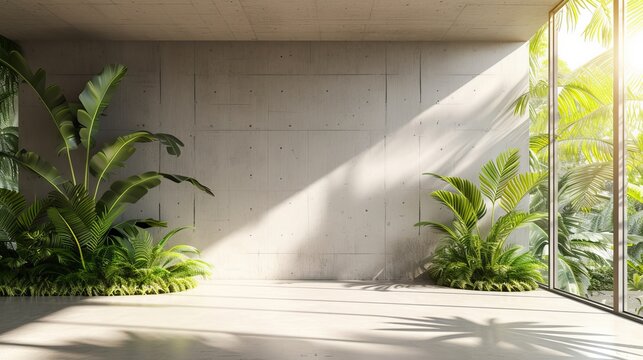 Blank concrete wall in modern empty room with tropical plant garden. Luxury house interior with green palm trees. Minimal architecture design © Orxan