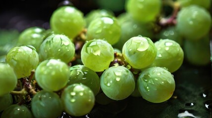 Overhead Shot of green Grapes with visible Water Drops. Close up.