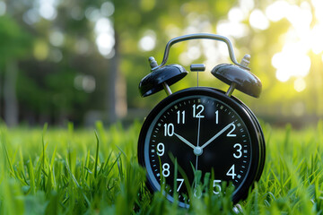A black alarm clock stands in the green grass in the park. Concept of changing time to summer time. Management and planning