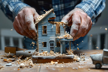 A man's hand destroys a house. Concept of demolition of housing and houses. Renovation old home and construction project. Tearing Down a Houses. - obrazy, fototapety, plakaty