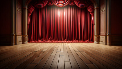 Wooden stage floor with elegant red curtains, spotlight on center stage.
Generative AI.