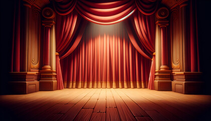 Theatrical stage with scarlet curtains, set for a grand opening.
Generative AI.