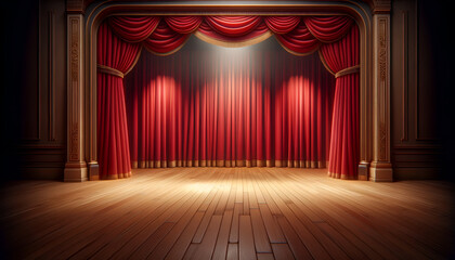 Dramatic stage setting with lush red curtains and a spotlight for the star.
Generative AI.