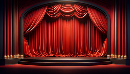 Red velvet theater curtains on an empty stage with vintage ambiance.
Generative AI.