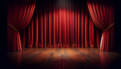 Empty stage with red curtains and polished wood, spotlight on drama.
Generative AI.