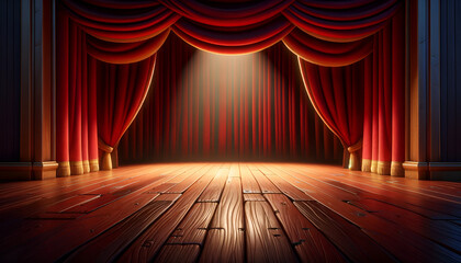Opulent theater stage with red velvet curtains closed and stage lights on.
Generative AI.