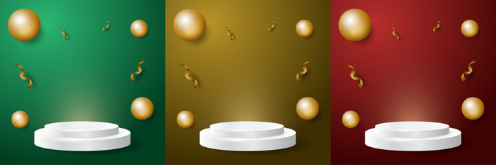 3d cylinder pedestal podium background, golden balls, room scene mockup products for showcase, banner, promotion, sale, vector illustration