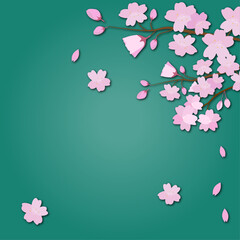 背景が緑の和風な満開の散る桜