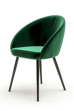Dining chairs, emerald green, upholstered and round, 3d, isolated white background, clean simple,