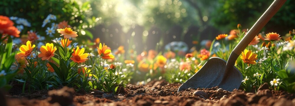 a garden with flowers, a shovel and flowers