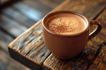 Fotobehang a cup of hot chocolate sitting on a wooden table © olegganko