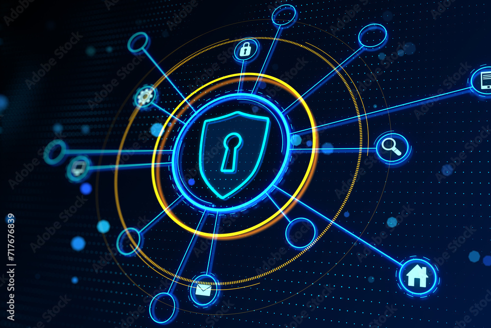 Poster Intricate network security visualization with a shield and lock icon on a blue digital background. 3D Rendering