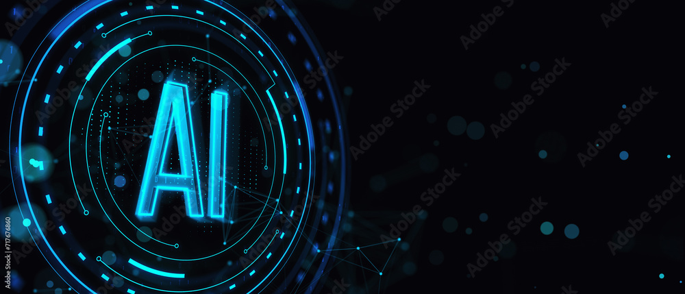 Aufkleber Glowing round AI hologram on wide dark background. Artificial intelligence and machine learning concept. 3D Rendering.