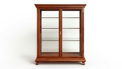 Display cabinet, cherry wood, glass-fronted, 3d, isolated white background, clean simple,
