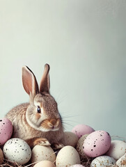 Fototapeta na wymiar Springtime joy with a bunny's hop and a basket full of colorful Easter eggs