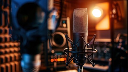 Podcast studio with soundproofing for youtube channels starting to make podcasts for most popular videos. Podcast media studio for broadcasting audio. Podcasting microphone speech or interview