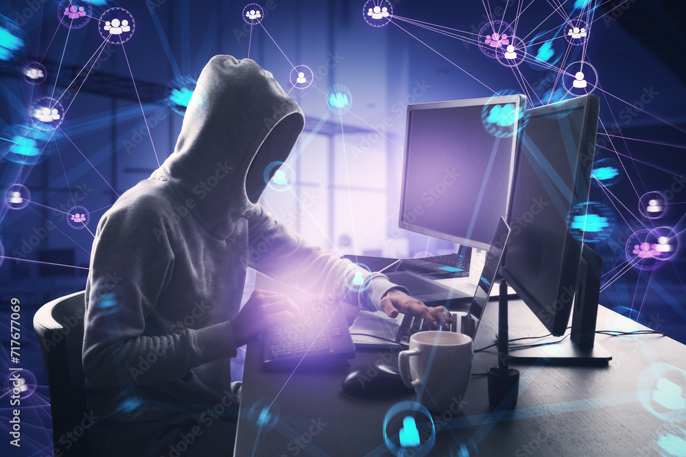 Aufkleber Side view of hacker using computers at desk with connected digital people team icons on dark blurry purple office interior background. Digital network, community and social media concept.