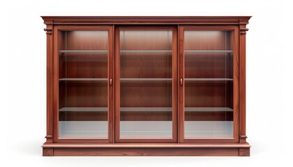 Display cabinet, cherry wood, glass-fronted, 3d, isolated white background, clean simple,