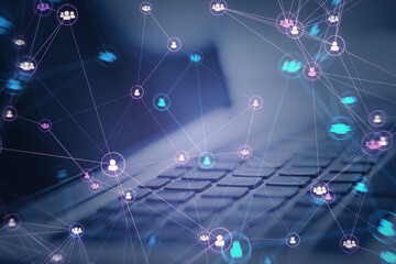 Close up of laptop computer with connected digital people team icons on dark blurry purple background. Digital network, online community and social media concept. Double exposure.