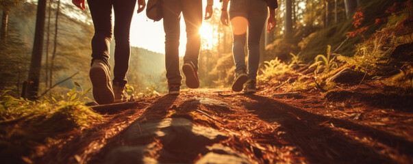 Fototapeta premium Hikers walking in fores in sunset light. Detail on hiker shoe rear view. copy space for text.