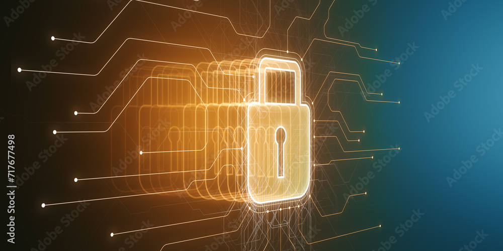 Poster Abstract security concept with digital lock visualization in orange circuitry on navy background. 3D Rendering