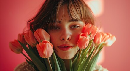 a beautiful woman with bunch of tulips on a pink background