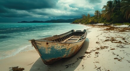 a boat laying on the beach on an island in the pacific