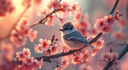 a bird sitting on a branch of a pink tree