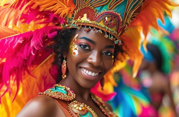 a woman in a colourful costume is holding feathers