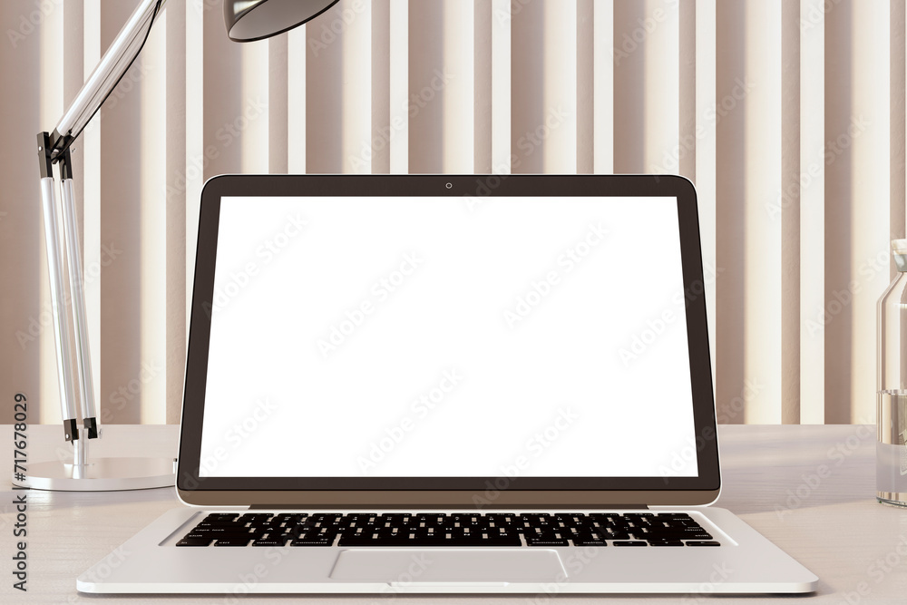 Poster laptop on a wooden desk with lamp and striped curtain, focused work environment. 3d rendering