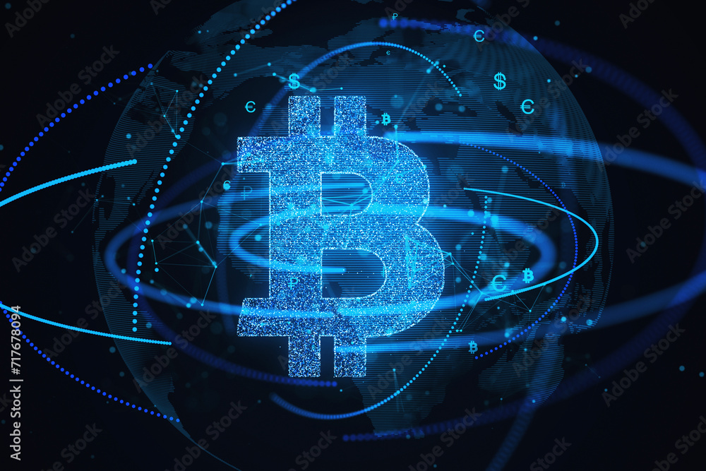 Poster Bitcoin icon over global network lines and nodes. International currency and exchange concept. 3D Rendering