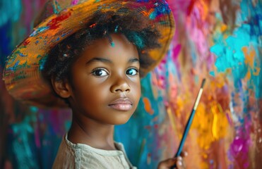 a young boy holding a paint brush in a hat and painting