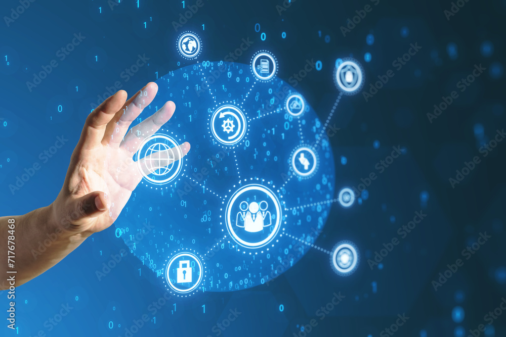 Poster Close up of businessman hand using creative connected digital business interface with various icons and binary code on blurry background. Software development, app, global business and ai concept.