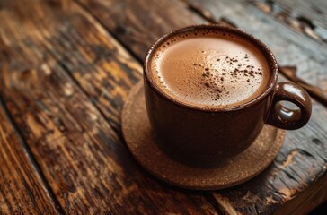 a cup of hot chocolate lies on a wooden table