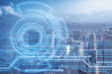 Abstract lines and dots, circles connect blurry city background. Technology connection digital data and big data concept. Double exposure.