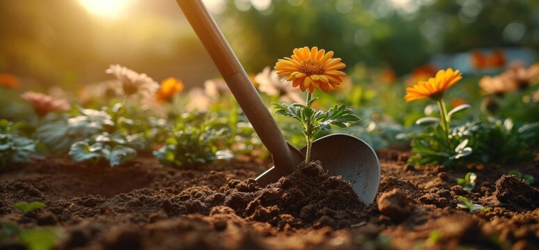 a shovel works in dirt to plant flowers