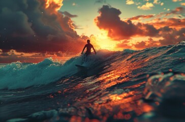 a surfer waves at sunset in tropical ocean