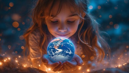 Naklejka premium Eco-Warrior Girl Holds a Glowing Globe: A Celebration of Earth Day Generative AI