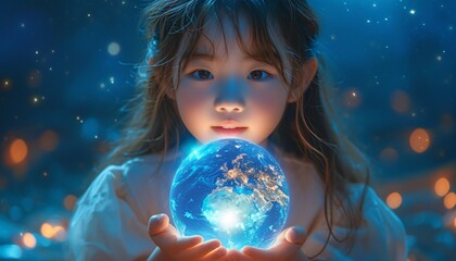 Naklejka premium Glowing Girl with a Blue Planet in Her Hands: A Celebration of Earth Day Generative AI