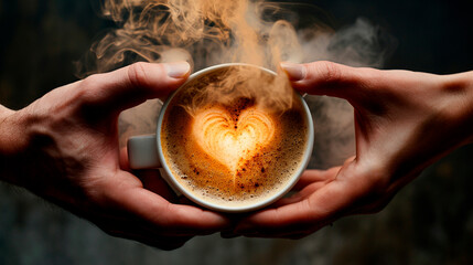 Coffee in a cup of smoke in the shape of a heart. Selective focus.