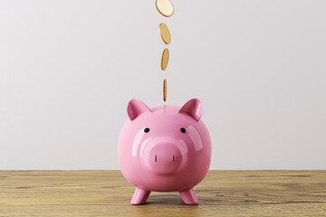 Creative ceramic pink piggy bank with golden coins on wooden desk and white wall background. Money safe and investment concept. Mock up place for your advertisement, 3D Rendering.