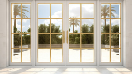 Bright Sunlight Streaming Through Gold-Trimmed French Doors Overlooking a Palm Garden