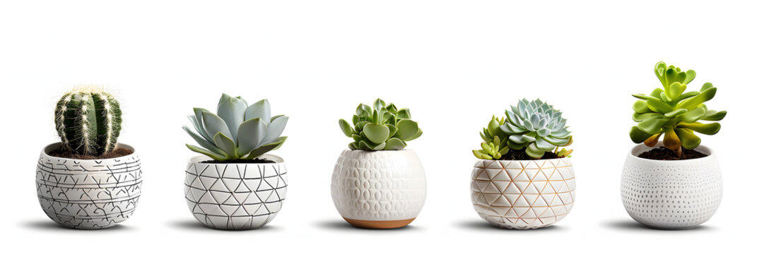 collection Set of different mixed cactus and succulents types of small mini plant in modern ceramic nordic vase pot as furniture cutouts isolated on transparent png background